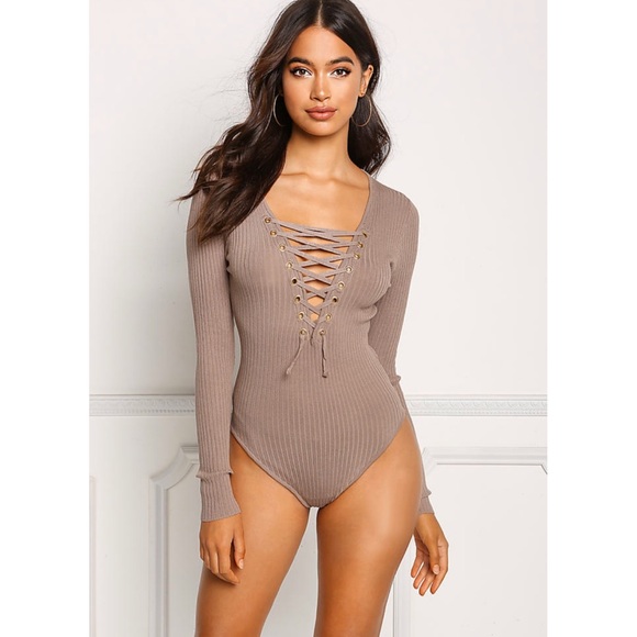 . Tops - Lace Up Ribbed Long Sleeve Bodysuit